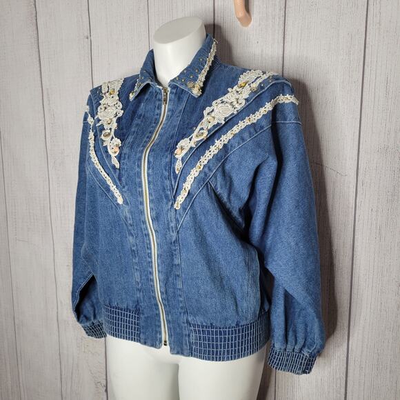 Vintage Floral Embroidered Blue Denim Rodeo Western Rodeo Jacket Womens Size S - Picture 4 of 12